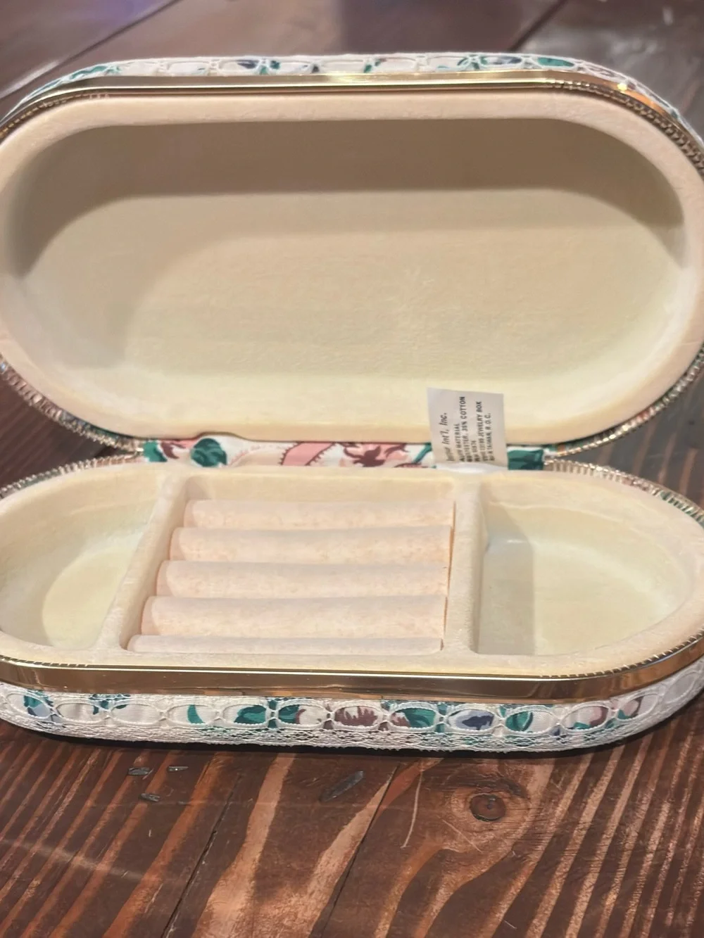 Vintage Floral Fabric withGold & Lace Accent Oval Jewelry Case 8”x4”